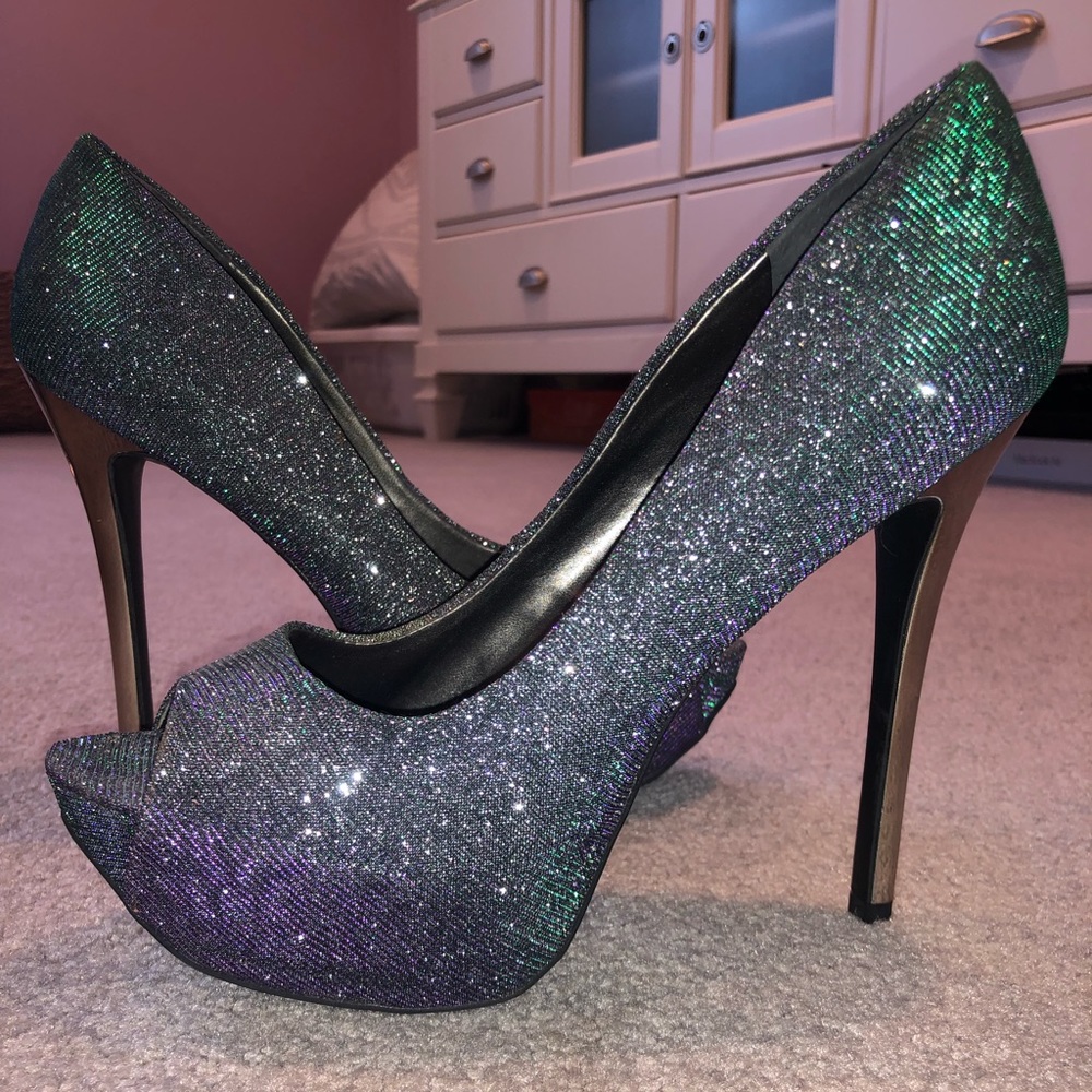 Iridescent sparkle open toe heels